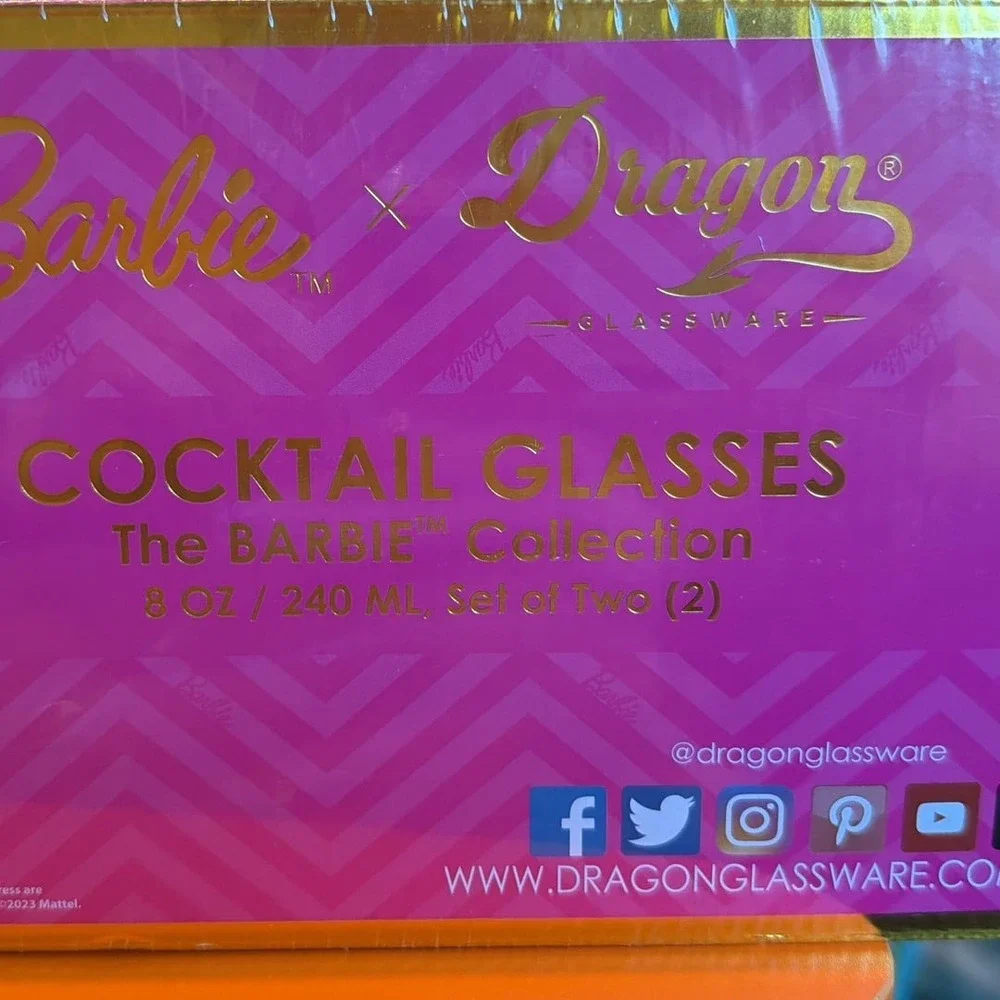 Barbie x Dragon Glassware  2 Cocktail‎ Glasses 8oz New factory sealed